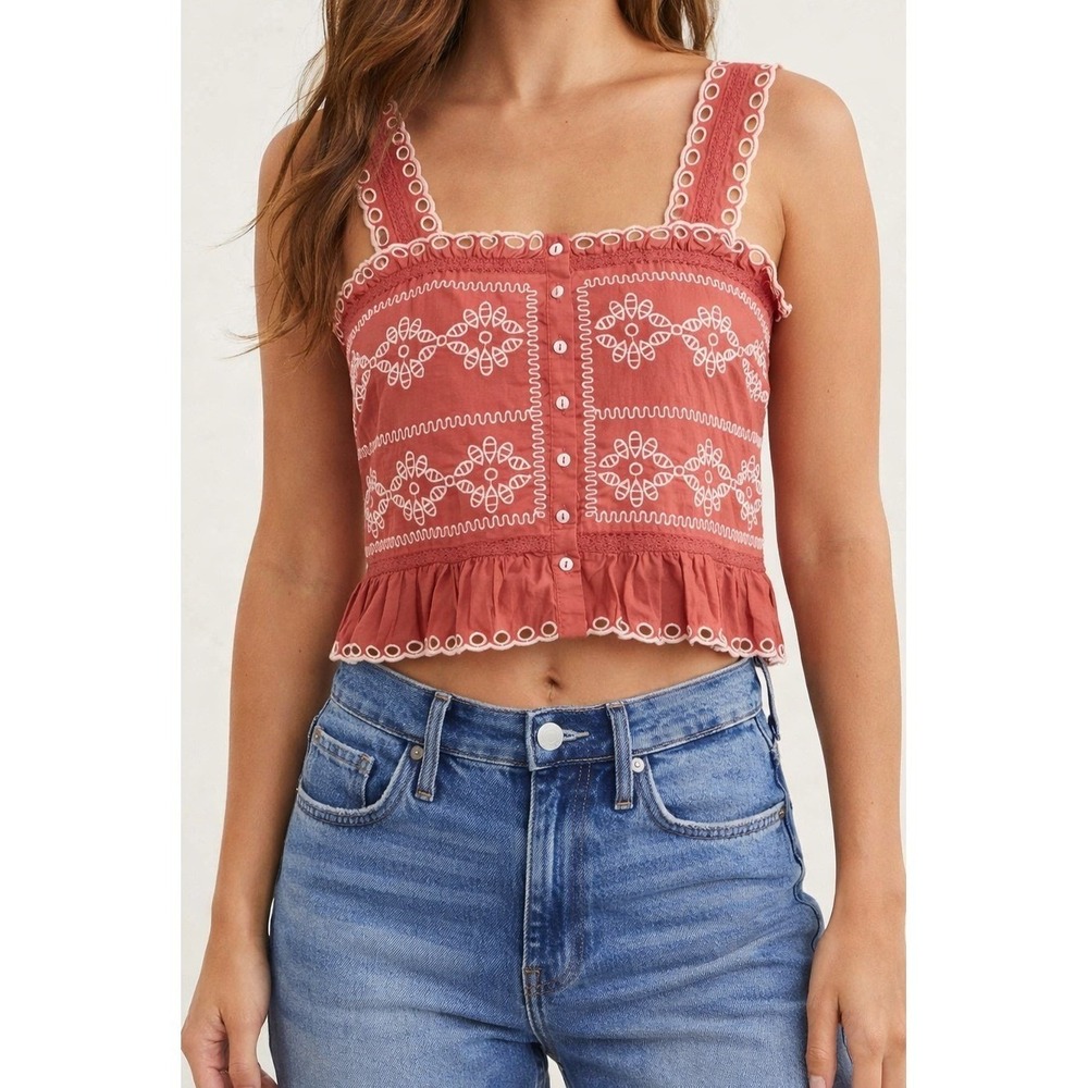 American Eagle Eyelet Crop Top Womens S NWT Rust Embroidered Peplum Boho